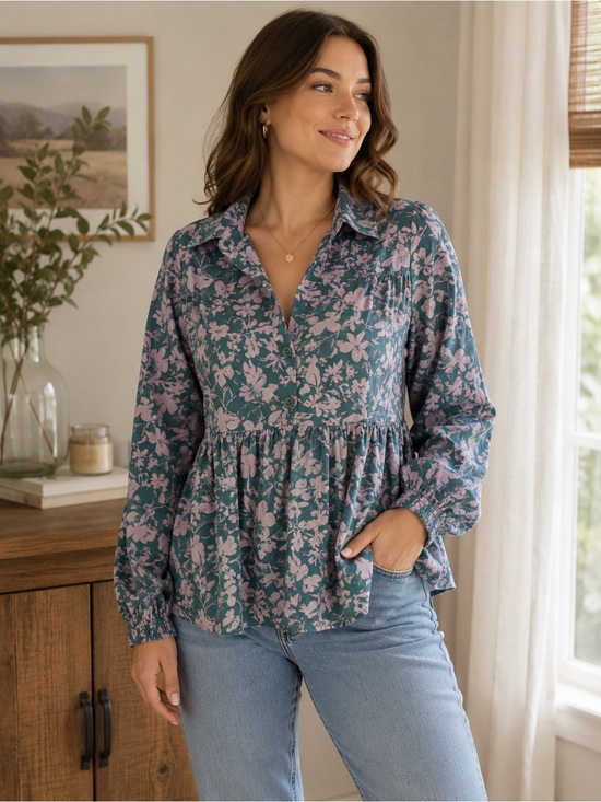 heyson Tops - NWT Heyson Teal Floral Collared Button-Front Women's Top